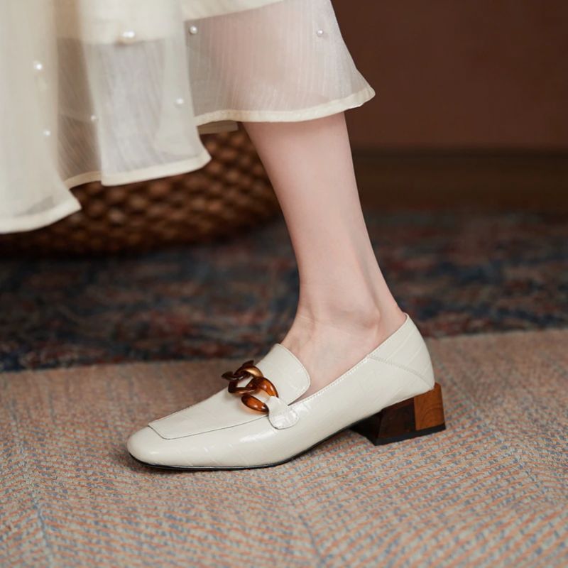Susex Dames Chunky Hak Leren Loafer Schoenen - Beige