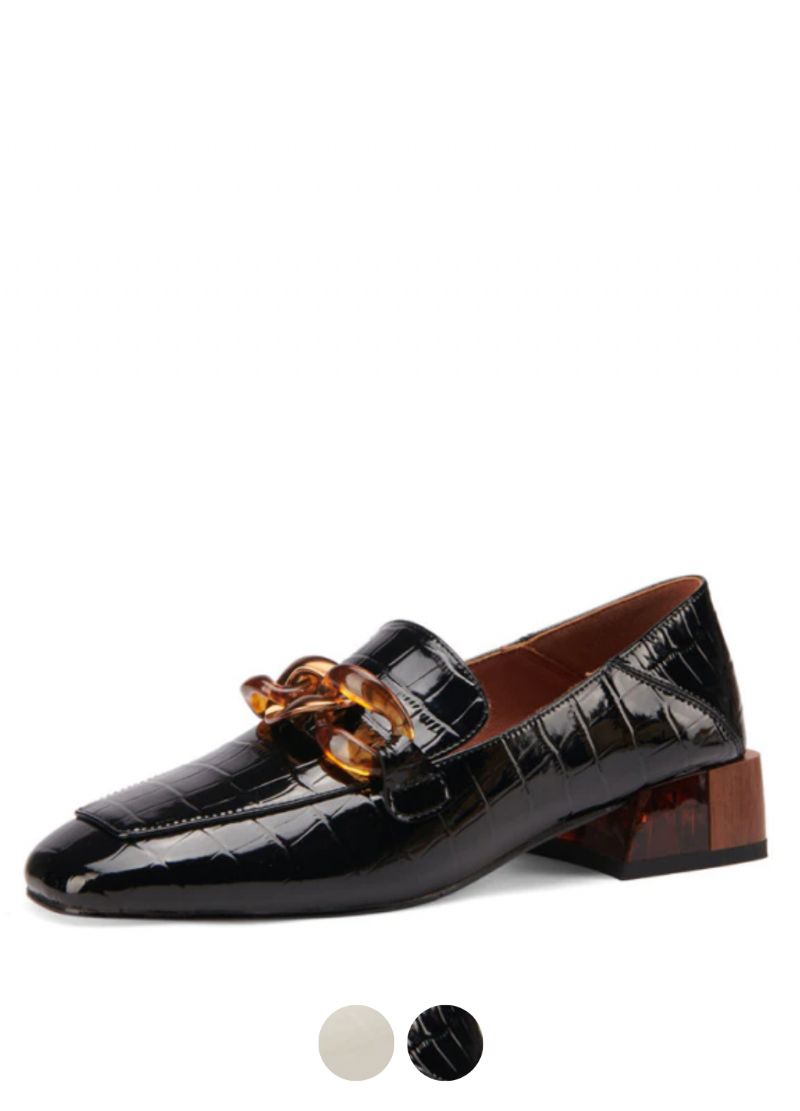 Susex Dames Chunky Hak Leren Zwarte Loafer
