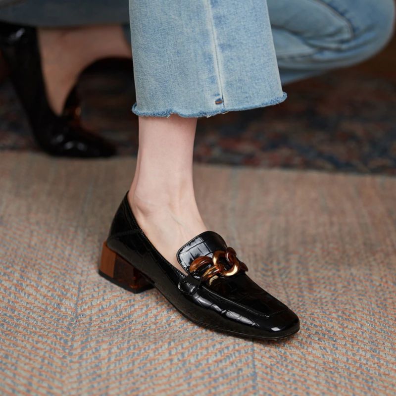 Susex Dames Chunky Hak Leren Zwarte Loafer - Zwart