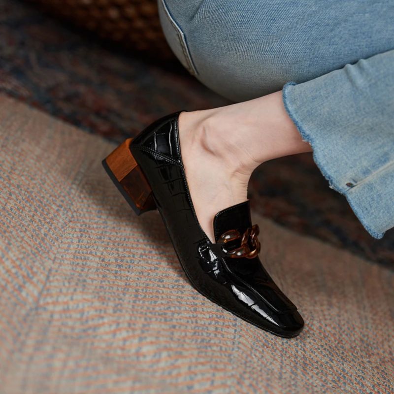 Susex Dames Chunky Hak Leren Zwarte Loafer - Zwart