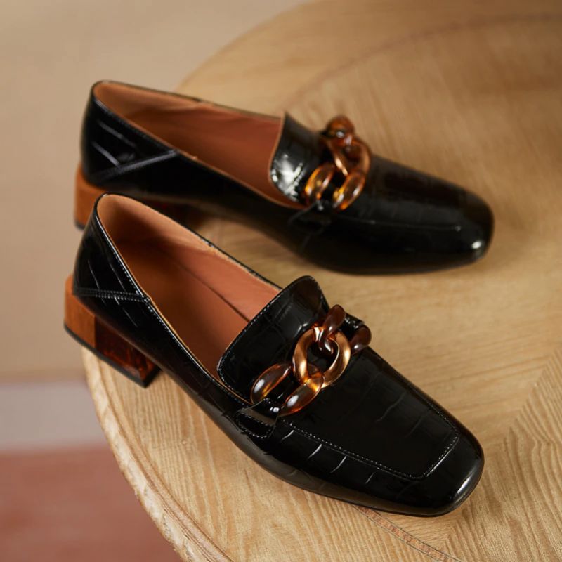 Susex Dames Chunky Hak Leren Zwarte Loafer - Zwart