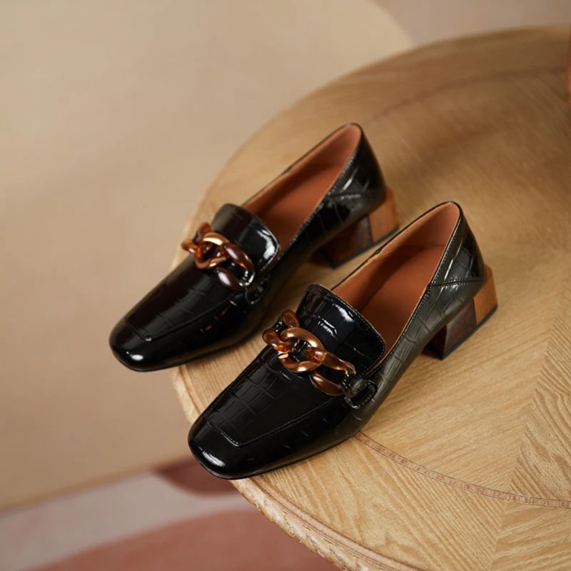 Susex Dames Chunky Hak Leren Zwarte Loafer - Zwart