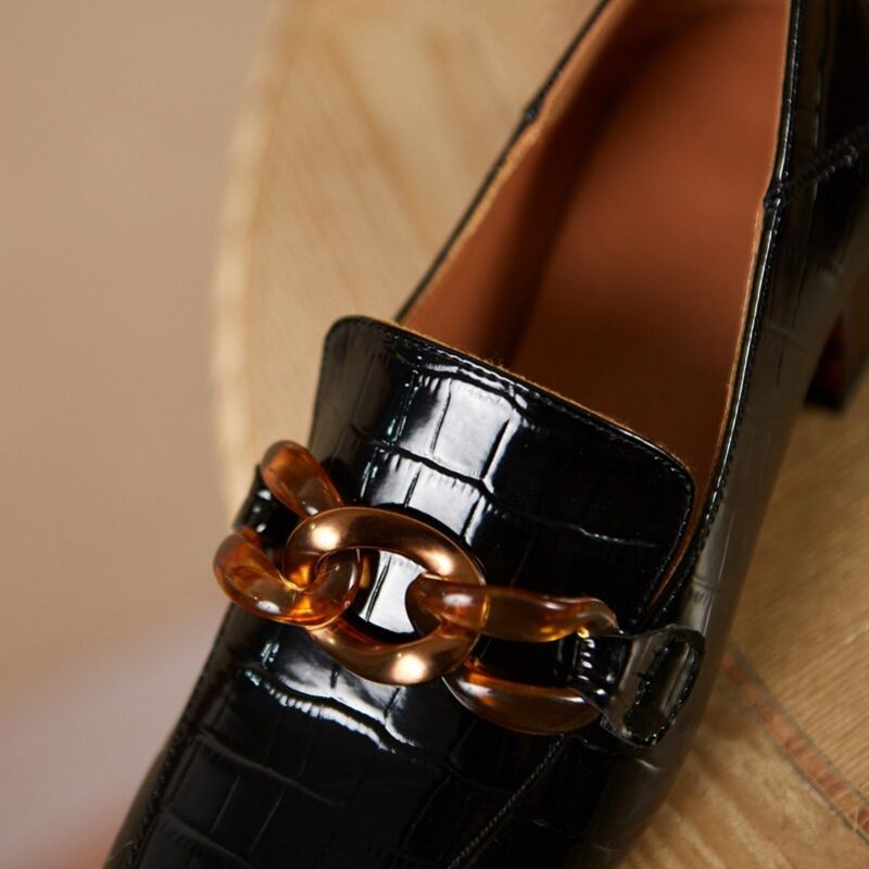 Susex Dames Chunky Hak Leren Zwarte Loafer - Zwart