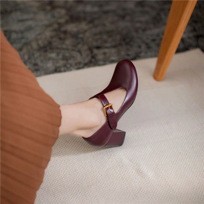 Trina Dames Leren Lente Pumps - Wijnrood