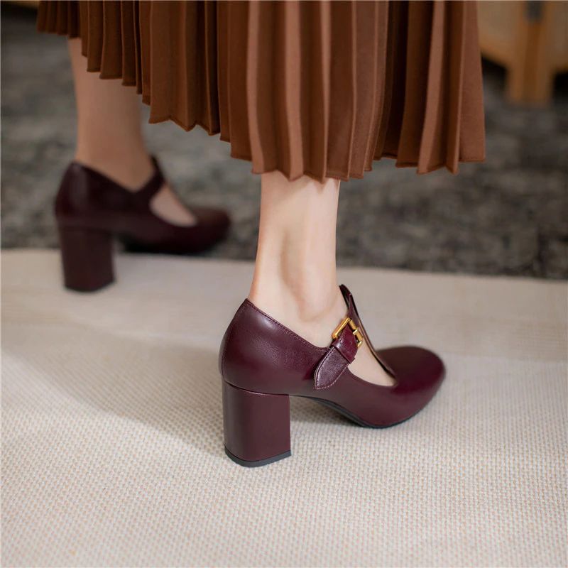 Trina Dames Leren Lente Pumps - Wijnrood
