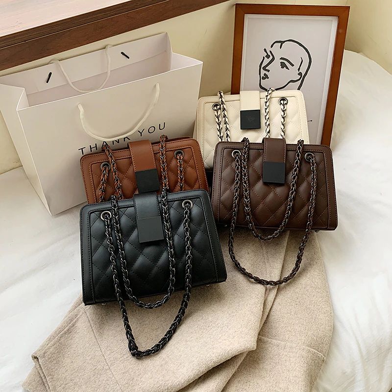 Vangot Dames Handtas Trendy Designer Ketting Leren Tote - Zwart
