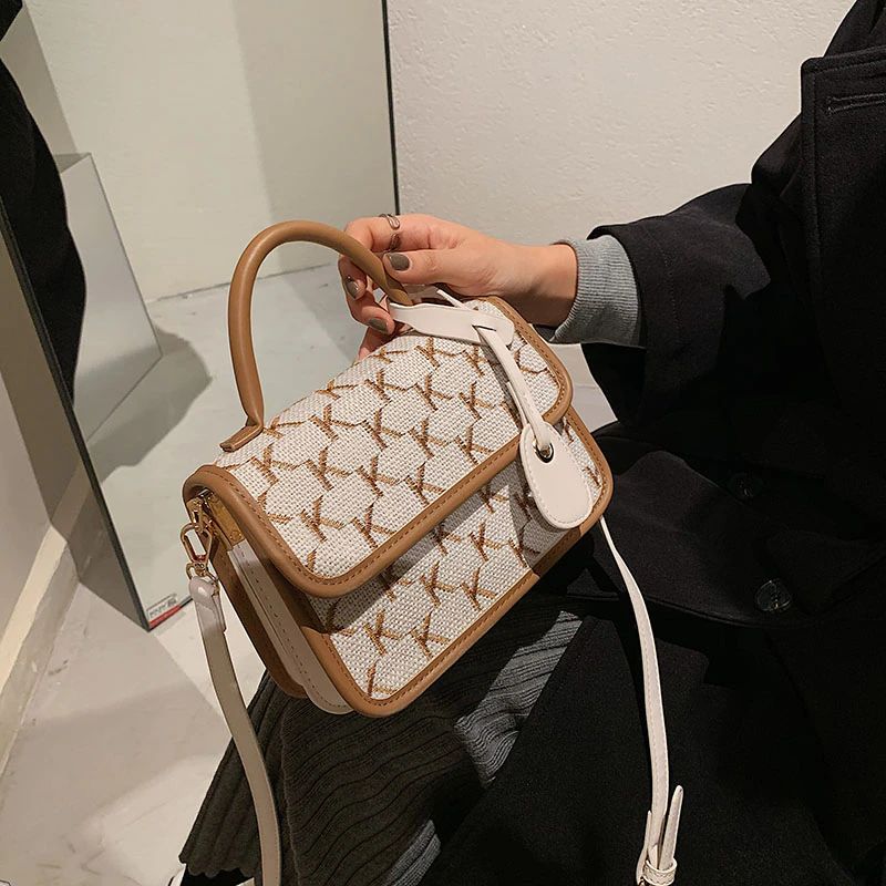 Vernon Dames Korte Handvat Crossbody Handtas - Wit met Khaki