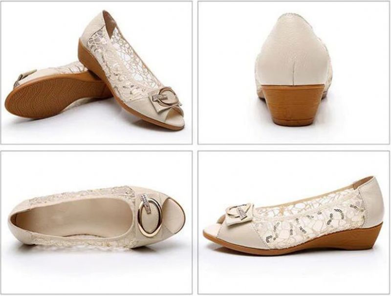 Victoria Dames Leren Sandaal Met Kant - Beige