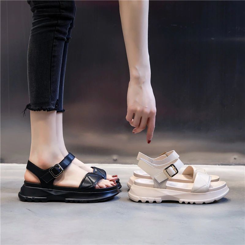 Virginia Dames Leren Platform Sandaal - Beige