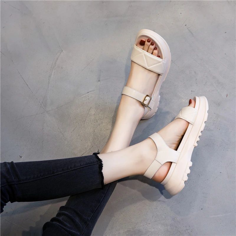 Virginia Dames Leren Platform Sandaal - Beige