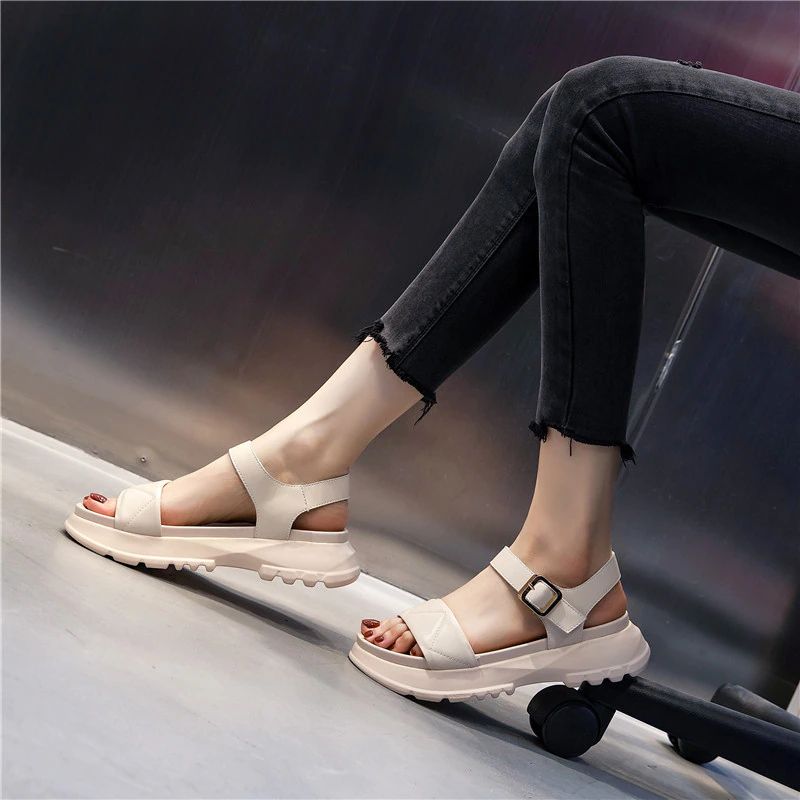 Virginia Dames Leren Platform Sandaal - Beige
