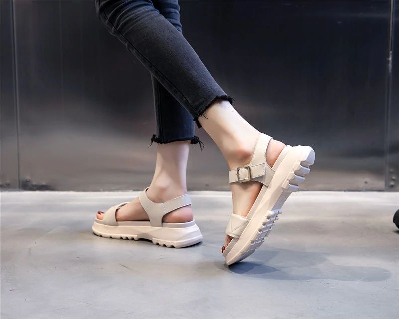 Virginia Dames Leren Platform Sandaal - Beige