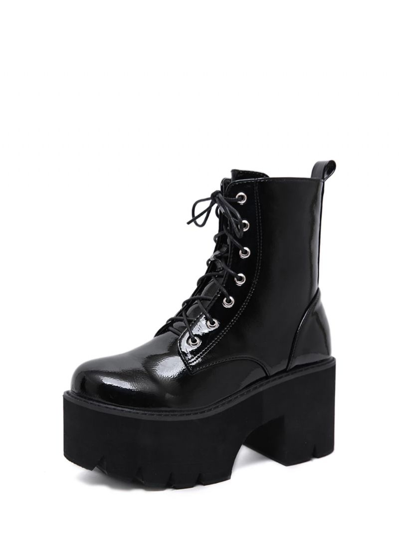 Walker Dames Zwarte Patent Leren Platform Laarzen