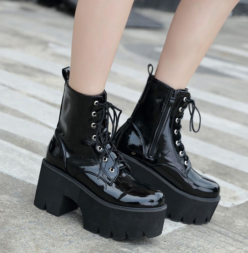 Walker Dames Zwarte Patent Leren Platform Laarzen - Zwart