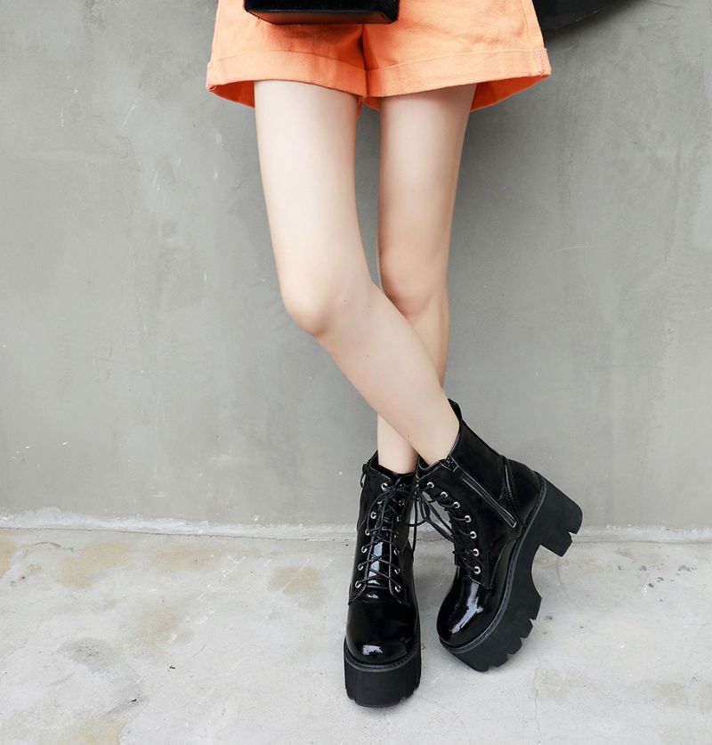 Walker Dames Zwarte Patent Leren Platform Laarzen - Zwart