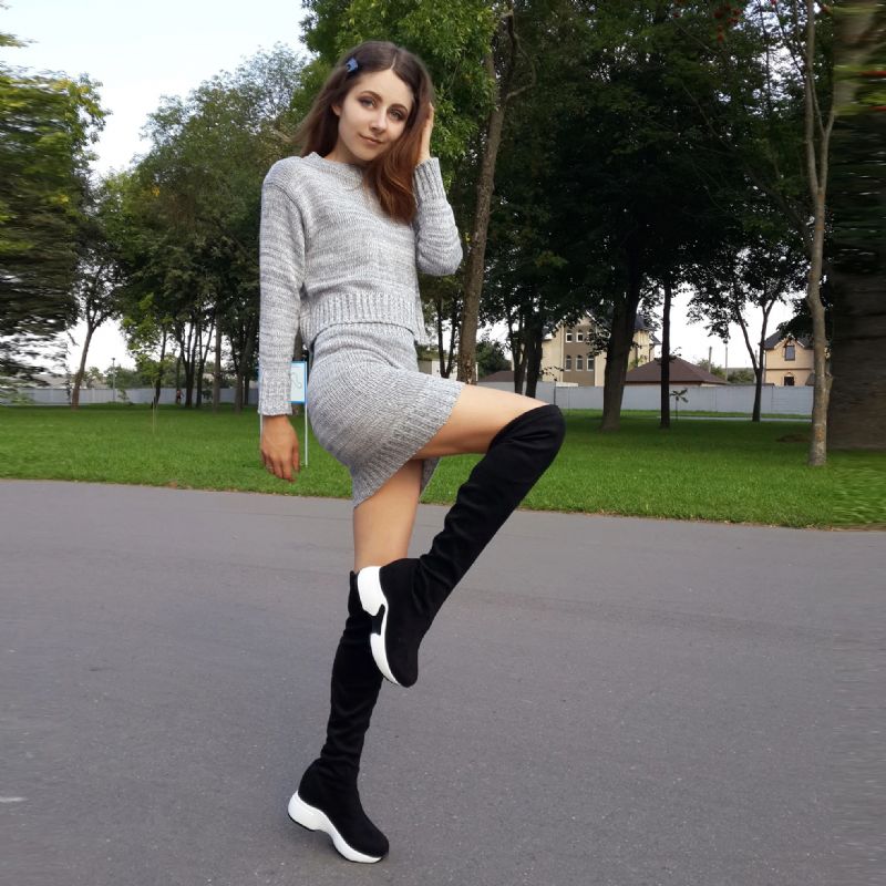 Yexy Dames Stretch Stoffen Over De Knie Laarzen - Zwart