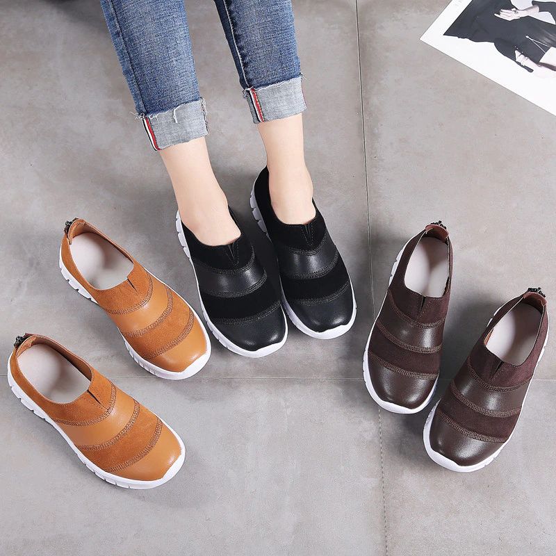 Yusuf Dames Loafer Slip-on Leren Herfst Mode Platte Zwarte Schoenen - Bruin