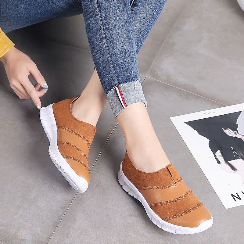 Yusuf Dames Loafer Slip-on Leren Herfst Mode Platte Zwarte Schoenen - Bruin