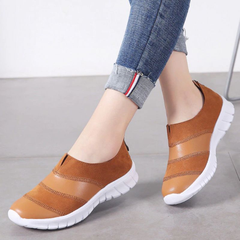 Yusuf Dames Loafer Slip-on Leren Herfst Mode Platte Zwarte Schoenen - Bruin
