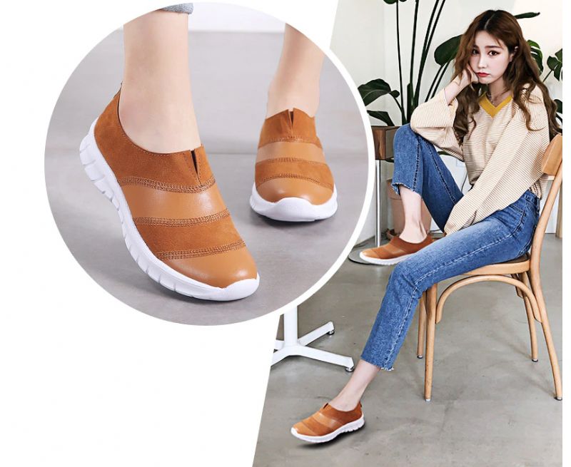 Yusuf Dames Loafer Slip-on Leren Herfst Mode Platte Zwarte Schoenen - Bruin