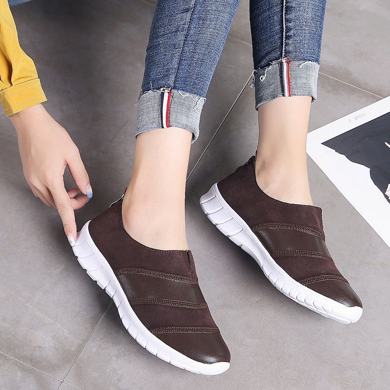 Yusuf Dames Loafer Slip-on Leren Herfst Mode Platte Zwarte Schoenen - Bruin