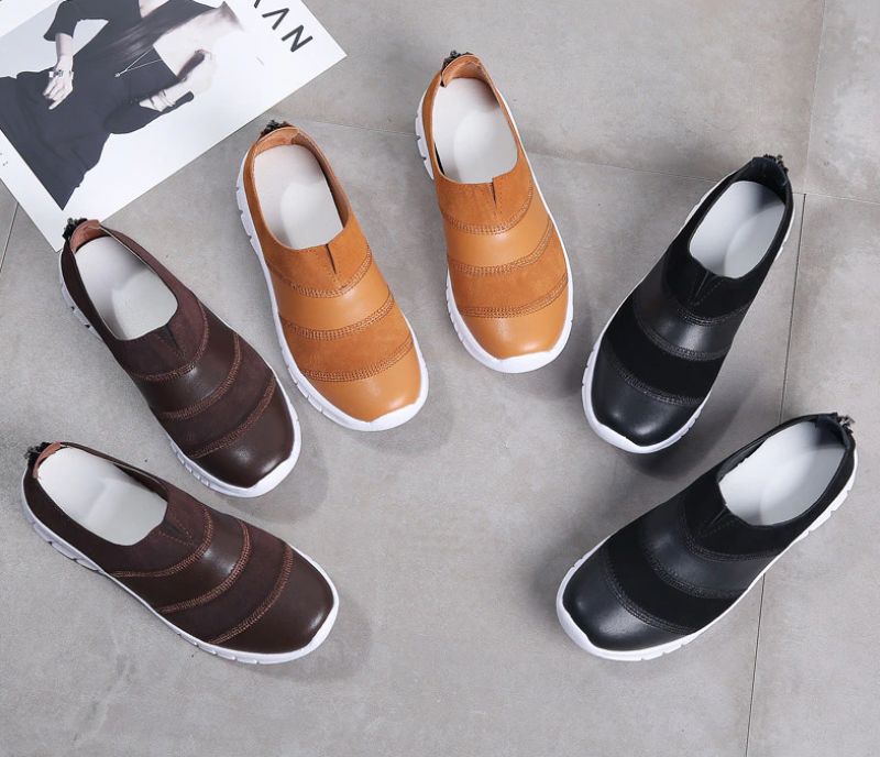 Yusuf Dames Loafer Slip-on Leren Herfst Mode Platte Zwarte Schoenen - Bruin